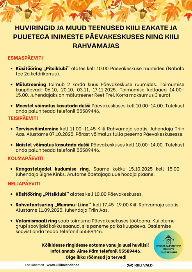 Päevakeskuse huviringid ja tegevused eakatele ning erivajadusega inimestele