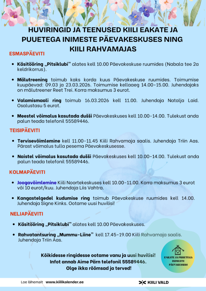 Eakate ja puuetega inimeste päevakeskuse huviringid ja tegevused märtsis