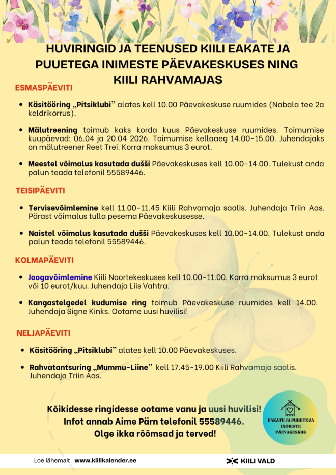 Eakate ja puuetega inimeste päevakeskuse huviringid ja tegevused aprillis